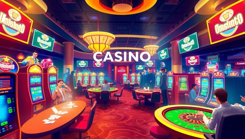 Experience the vibrant atmosphere of Unlimit Casino with players enjoying exciting slot machines and card games.