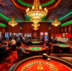 A mesmerizing casino scene on https://32win.army/, showcasing vibrant poker tables and enthusiastic players.