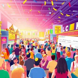 Enthusiastic participants at a lively lottery event, showcasing vibrant booths and colorful tickets.