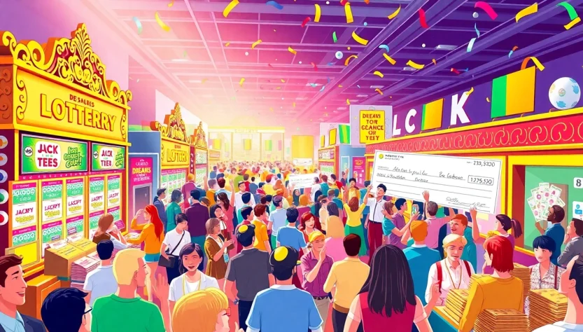 Enthusiastic participants at a lively lottery event, showcasing vibrant booths and colorful tickets.