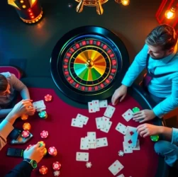 Experience the thrilling atmosphere of 8XBET's online poker scene with vibrant chips, cards, and a roulette wheel.