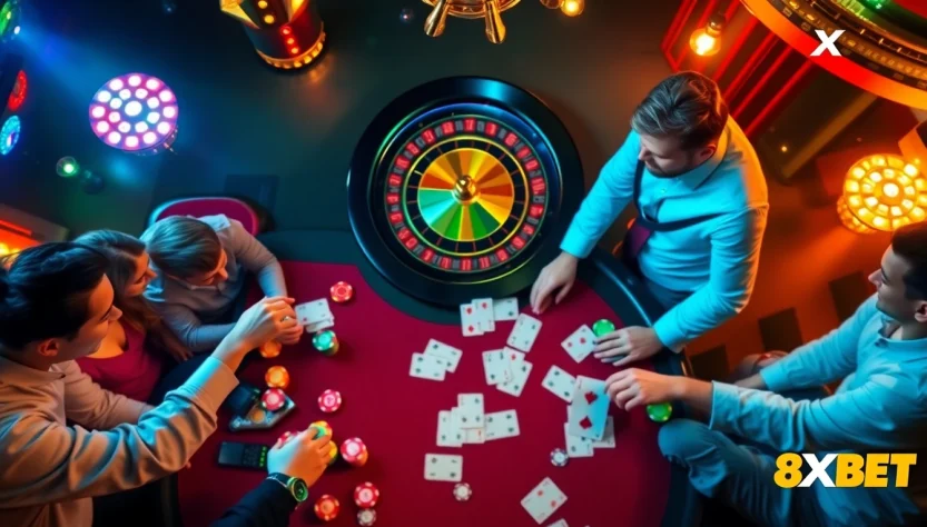Experience the thrilling atmosphere of 8XBET's online poker scene with vibrant chips, cards, and a roulette wheel.