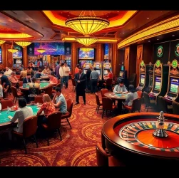 The vibrant casino scene illustrates players engaging in top 10 nhà cái uy tín gambling activities, including poker and roulette.