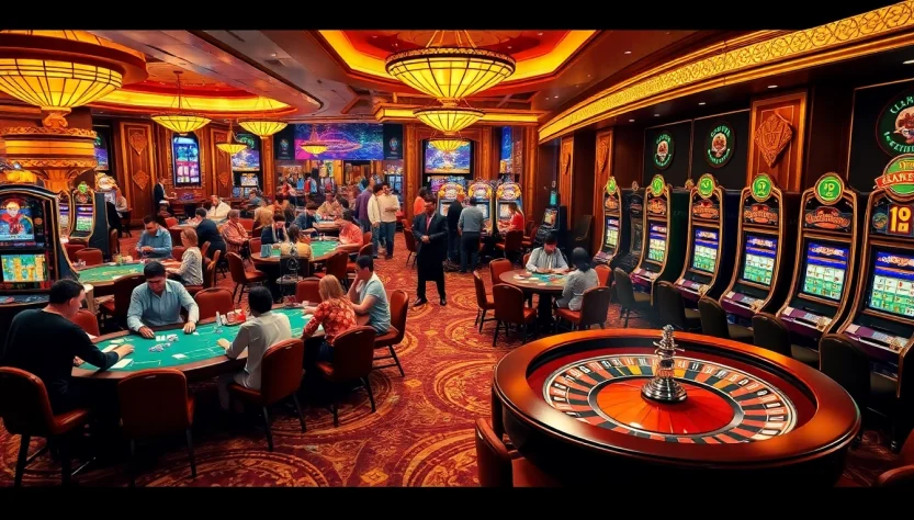 The vibrant casino scene illustrates players engaging in top 10 nhà cái uy tín gambling activities, including poker and roulette.
