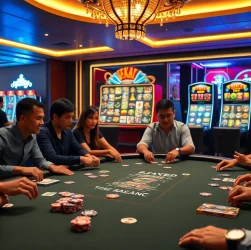 Experience the exhilarating atmosphere of online gambling at bj88 com, featuring poker tables and vibrant slot machines.