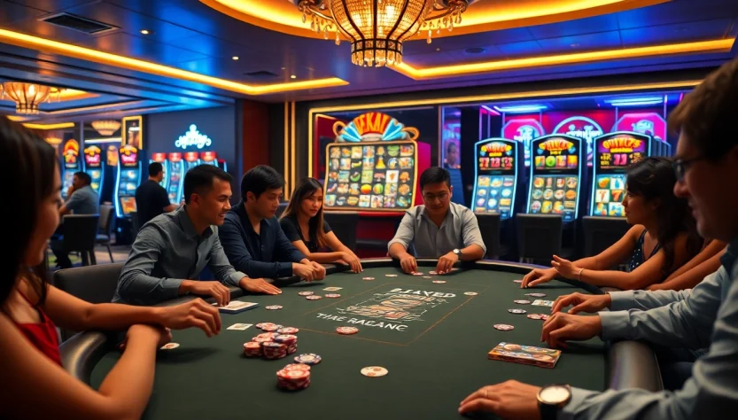 Experience the exhilarating atmosphere of online gambling at bj88 com, featuring poker tables and vibrant slot machines.