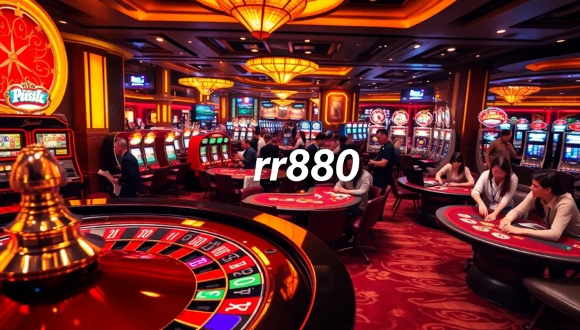 Experience the thrill of casino gaming with rr888 as players engage at the poker table filled with vibrant chips.