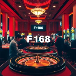 Experience the excitement at F168 Casino, showcasing lively gaming with poker tables and vibrant slot machines.