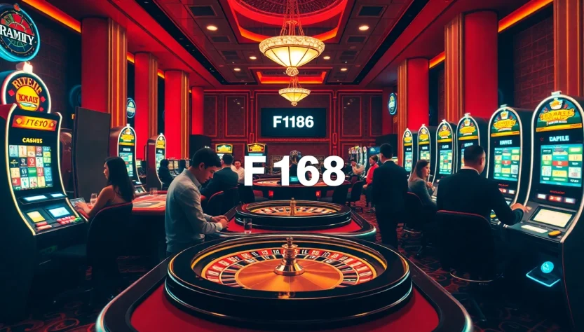 Experience the excitement at F168 Casino, showcasing lively gaming with poker tables and vibrant slot machines.