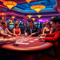 Experience excitement at a เสือมังกร game in a bustling casino, highlighting players and intricate card designs.