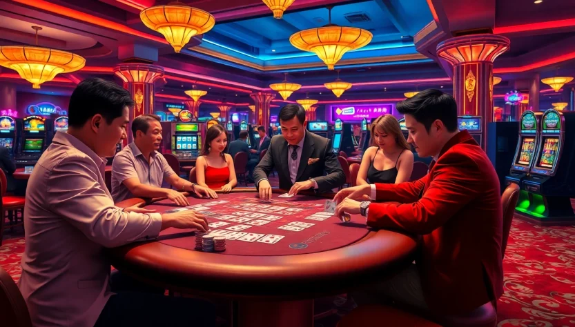 Experience excitement at a เสือมังกร game in a bustling casino, highlighting players and intricate card designs.