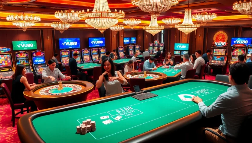 Experience the thrill of casino gaming at VU88 with immersive tables, lively players, and vibrant slot machines.