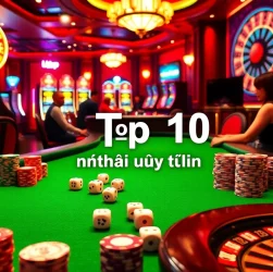 Top 10 nhà cái uy tín displayed prominently at an elite poker table in a bustling casino, emphasizing high-stakes action.