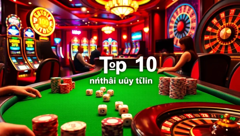 Top 10 nhà cái uy tín displayed prominently at an elite poker table in a bustling casino, emphasizing high-stakes action.