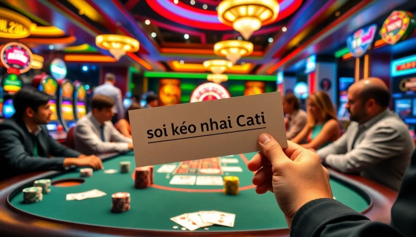 Action-packed scene where players engage in soi kèo nhà cái at a poker table, showcasing vibrant casino activities.