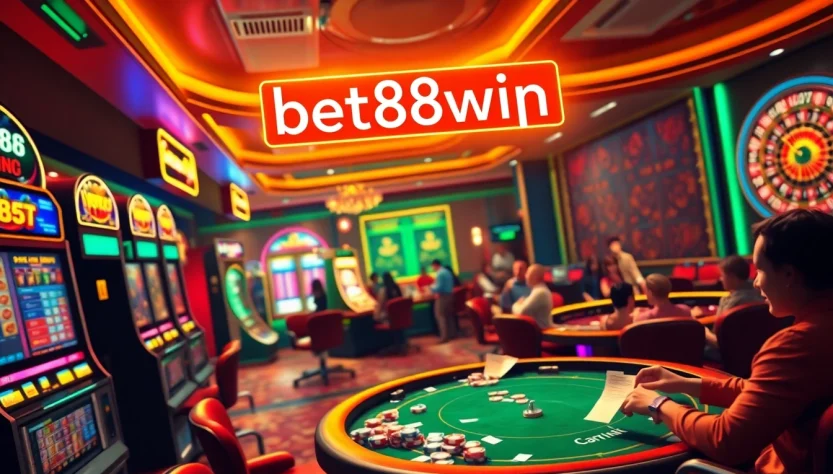Experience thrilling gameplay at https://bet88win.vip/, amidst lively casino activities featuring exciting tables and vibrant slot machines.
