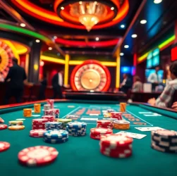 Players engaged in intense poker action at a vibrant casino, showcasing link Debet on digital screens for easy betting.