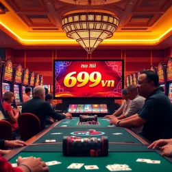 Nổ hũ 69vn game interface showcased in a lively casino environment with players engaging in vibrant slot machines.