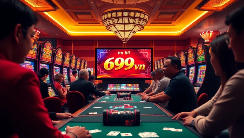 Nổ hũ 69vn game interface showcased in a lively casino environment with players engaging in vibrant slot machines.