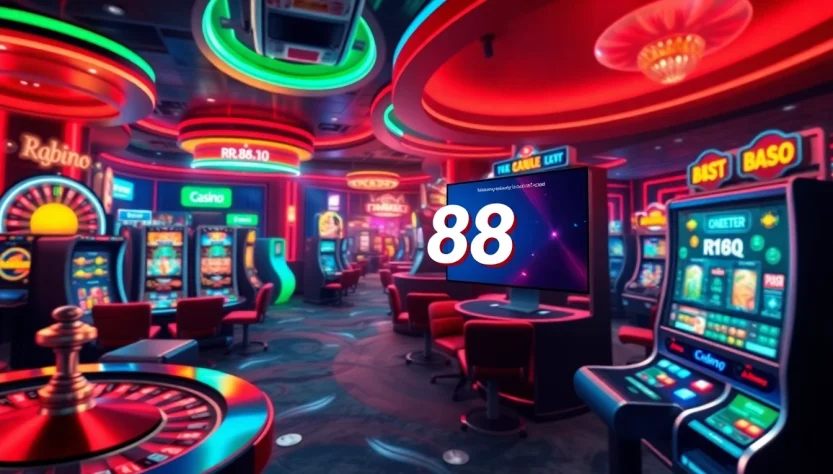 Experience the thrill of the casino online with the rr88 link showcased among vibrant roulette and slot machines.