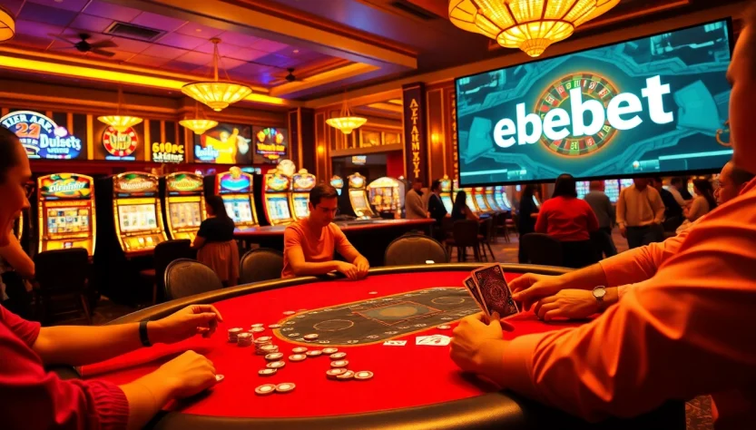 Experience a thrilling poker game at the casino, showcasing debet chips and players in action.