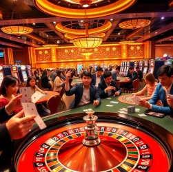 VU88 casino scene showcasing players enjoying poker and roulette excitement.