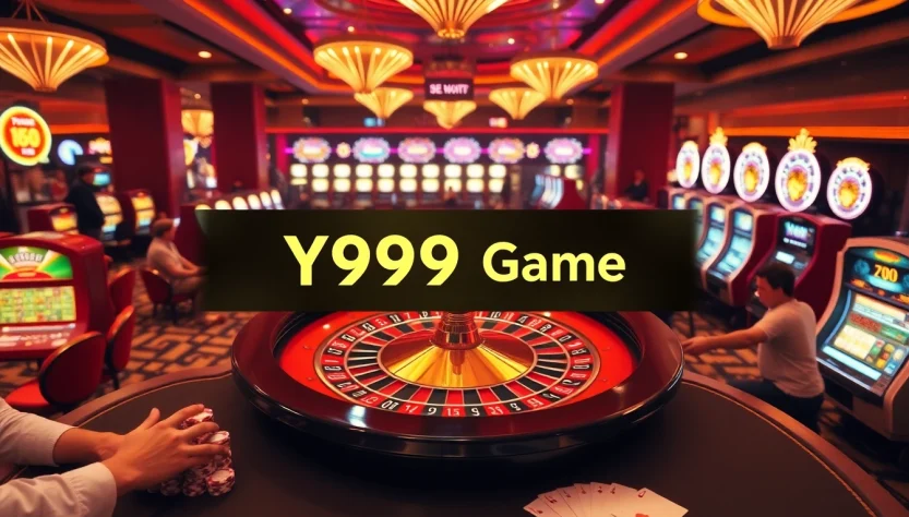 Experience the thrill of the Y999 Game at a bustling casino with poker chips and a roulette wheel.