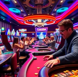 Excited players enjoying Crazy Time live stats at a bustling casino table, creating vibrant interactions.