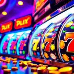 Visual representation of a vibrant slot gacor machine, featuring neon colors and spinning reels symbols like cherries and coins, evoking excitement.