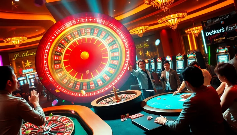Experience the thrill of winning at bet88vn.locker with colorful casino tables, roulette wheels, and engaged players.