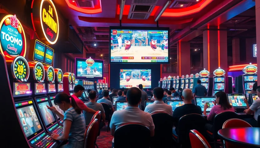 Experience xem đá gà thomo live as energized spectators engage in thrilling digital cockfighting at a vibrant casino.