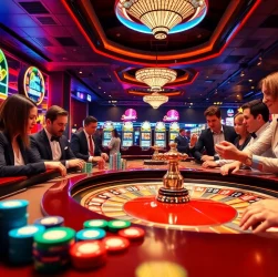 Players engaging at 789P’s roulette table, surrounded by vibrant casino elements.