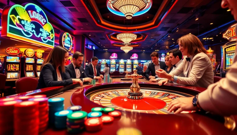 Players engaging at 789P’s roulette table, surrounded by vibrant casino elements.