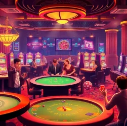 Experience the thrilling action of BJ88 thomo at a vibrant casino, showcasing poker tables, dice, and slot machines.