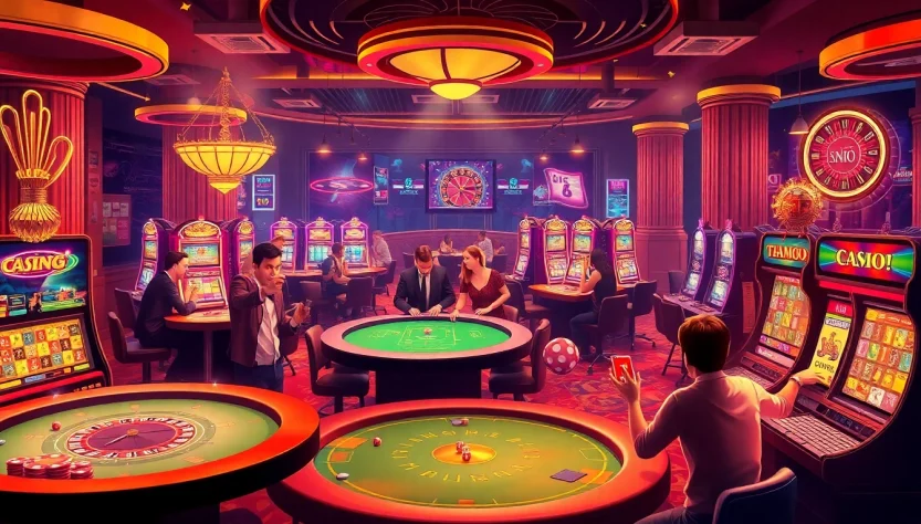 Experience the thrilling action of BJ88 thomo at a vibrant casino, showcasing poker tables, dice, and slot machines.