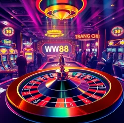 Experience the thrill of the casino with trang chủ WW88 showcasing a roulette wheel and eager players in action.