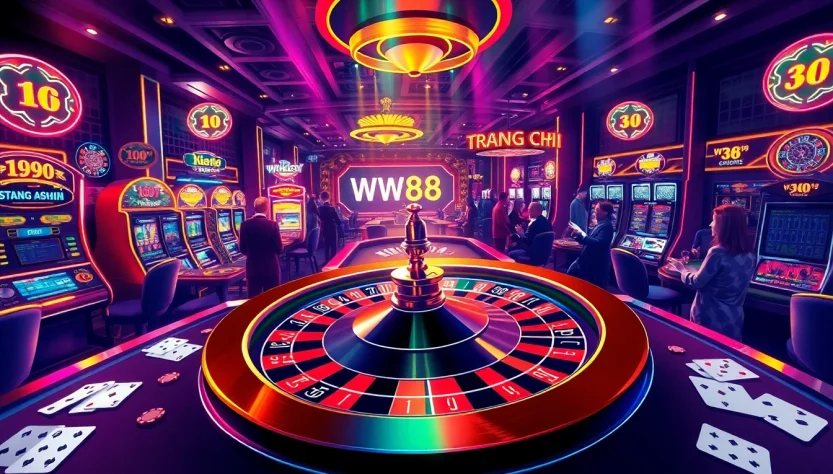 Experience the thrill of the casino with trang chủ WW88 showcasing a roulette wheel and eager players in action.
