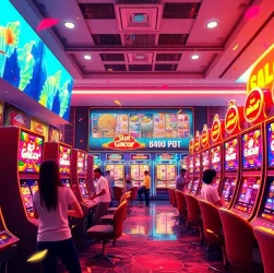 Players celebrating wins at a vibrant “Slot gacor” themed virtual casino, exuding excitement.