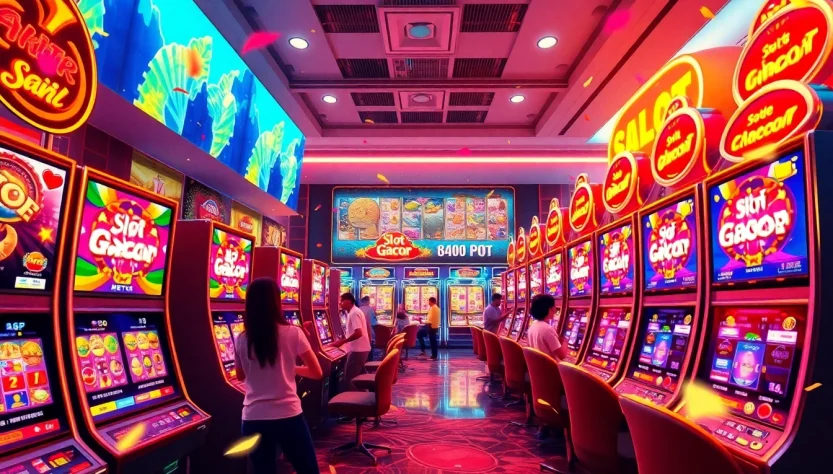 Players celebrating wins at a vibrant “Slot gacor” themed virtual casino, exuding excitement.