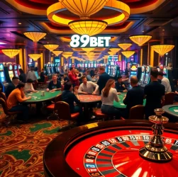 Experience the thrill of gambling at nhà cái 89BET with players at roulette and slot machines in action.