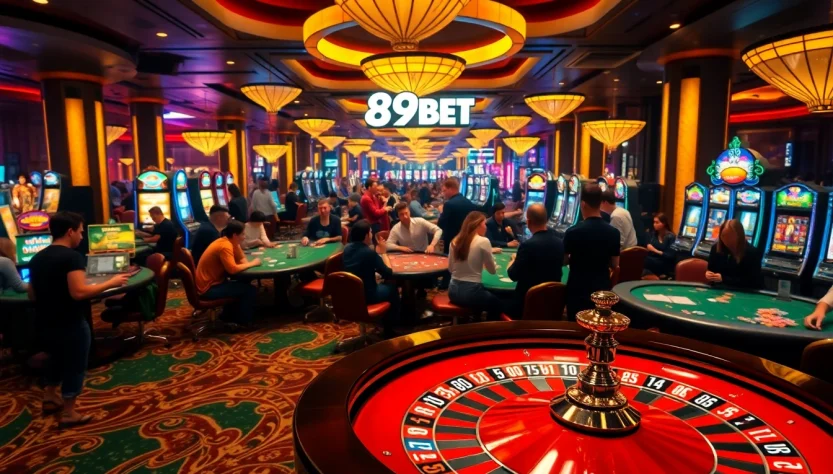 Experience the thrill of gambling at nhà cái 89BET with players at roulette and slot machines in action.