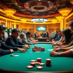 Exciting poker action at a casino table featuring players and chips, showcasing https://thabetcom.dev/ thrilling gambling experiences.