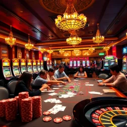 FB88 showcases an intense poker game with players revealing cards at a vibrant casino table, capturing the thrill of high-stakes gambling.