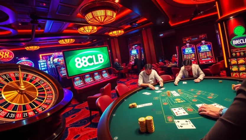 Experience the excitement of winning at the 88CLB blackjack table, featuring vibrant casino decor and high-stakes gameplay.