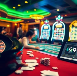 Experience the thrill of winning at GO99COM with vibrant casino tables and spinning roulette wheels.