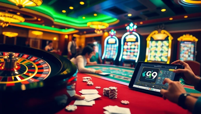 Experience the thrill of winning at GO99COM with vibrant casino tables and spinning roulette wheels.