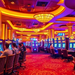 Experience the thrill of QQ88 CASINO with players enjoying vibrant slot machines in a luxurious environment.