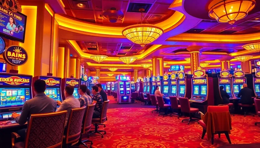 Experience the thrill of QQ88 CASINO with players enjoying vibrant slot machines in a luxurious environment.