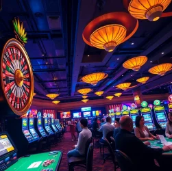 Experience the thrill of betting at the luxurious hm88. casino, featuring an exciting roulette wheel and lively players.