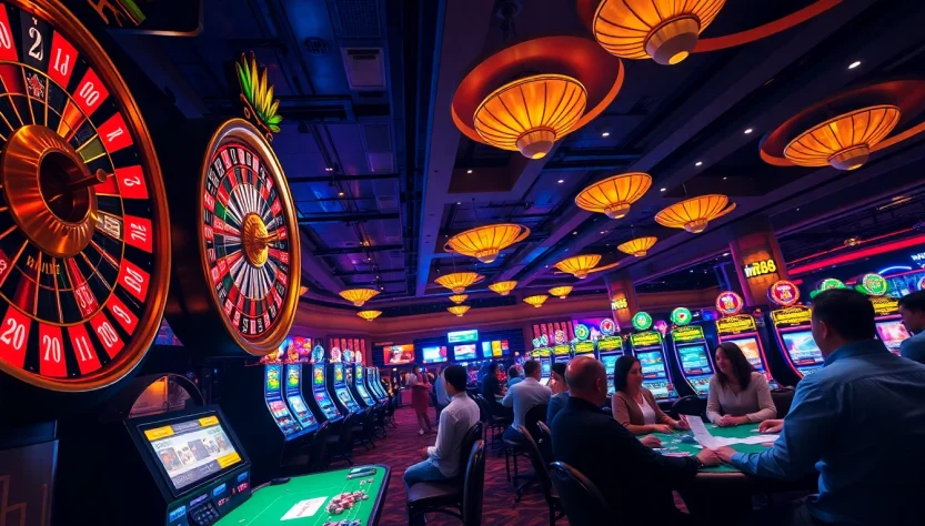 Experience the thrill of betting at the luxurious hm88. casino, featuring an exciting roulette wheel and lively players.